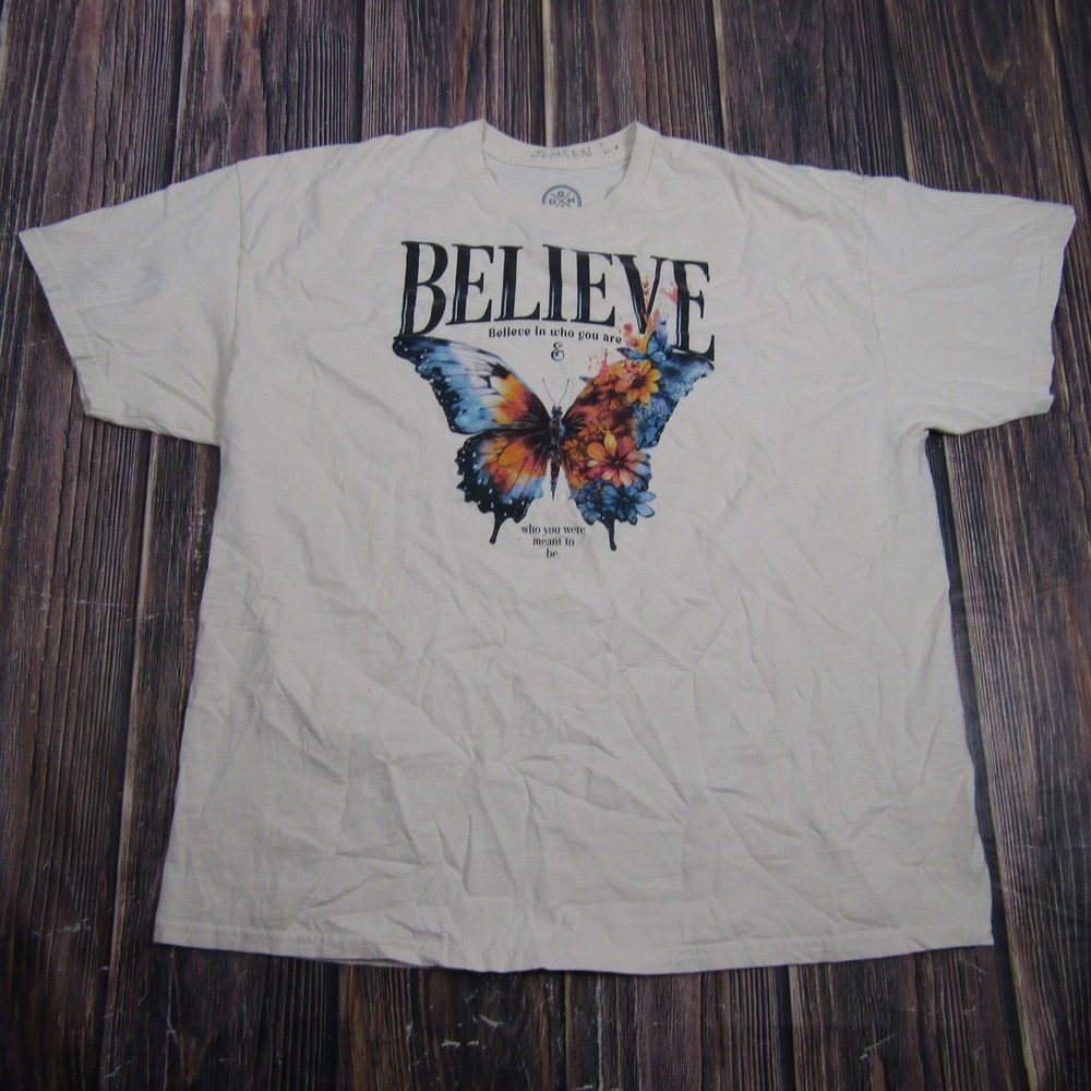 DOM T-Shirt Mens 2XL Cream Believe Butterfly Graphic Short Sleeve Cotton Tee